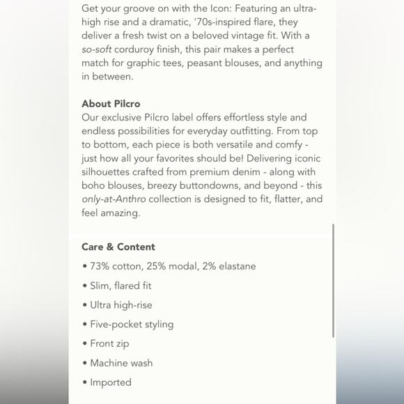 NWOT pilcro icon corduroy flare size 31 - Picture 5 of 8